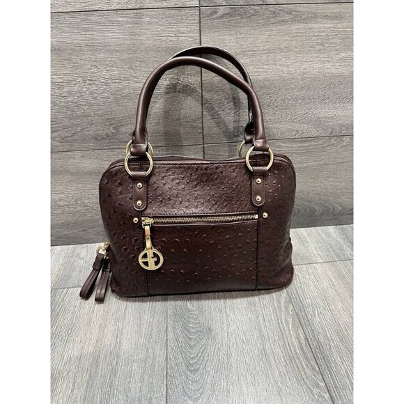 Giani Bernini Satchel Handbag Ostrich-Embossed Dome Chocolate/Gold bag - Picture 1 of 13